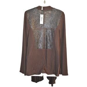 Sky Clothing Brand S NWT Wrap Jacket Knit Leather Back Floral Espresso Brown